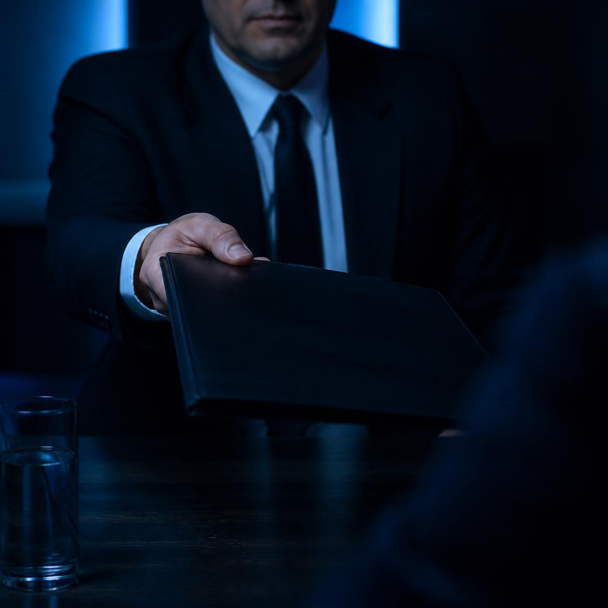 Consulente che consegna un contratto di fornitura durante un incontro